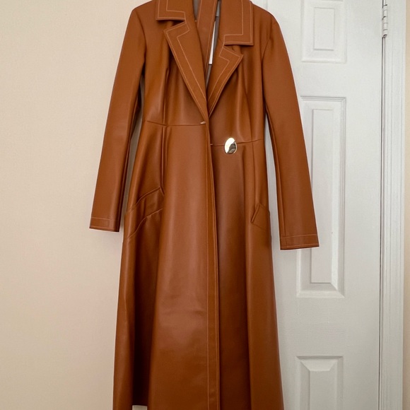 A.W.A.K.E. Mode faux leather trench coat camel tan Ginger bread sz 38 US 6 NWT - Picture 9 of 11